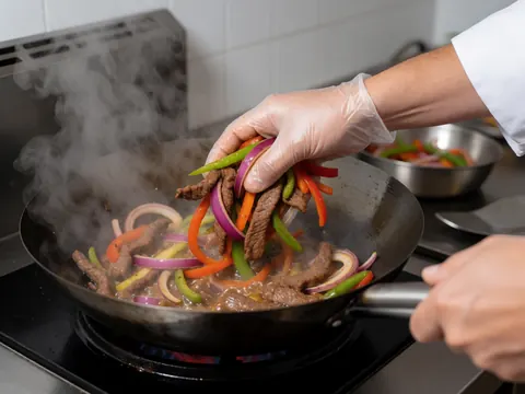 Un chef portant des gants prépare un lomo saltado dans un wok. De la vapeur s'échappe, mettant en valeur des ingrédients frais et colorés dans une cuisine professionnelle.