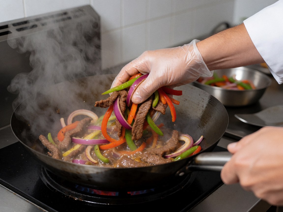 Un chef portant des gants prépare un lomo saltado dans un wok. De la vapeur s'échappe, mettant en valeur des ingrédients frais et colorés dans une cuisine professionnelle.