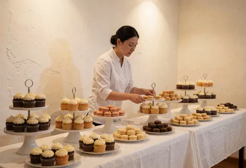 Une femme en uniforme blanc ajuste des cupcakes et des macarons sur une longue table couverte d'une nappe blanche dans un cadre lumineux.
