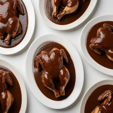 Un morceau de poulet rôti est présenté sur une assiette en céramique, généreusement recouvert d'une sauce mole poblano sombre et riche, prêt à être servi dans un contexte de restauration.