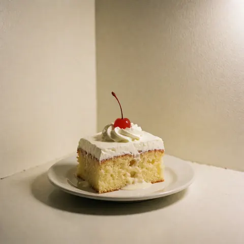 Un morceau de gâteau trois laits garni de crème et d'une cerise sur une assiette blanche posée sur une table blanche.