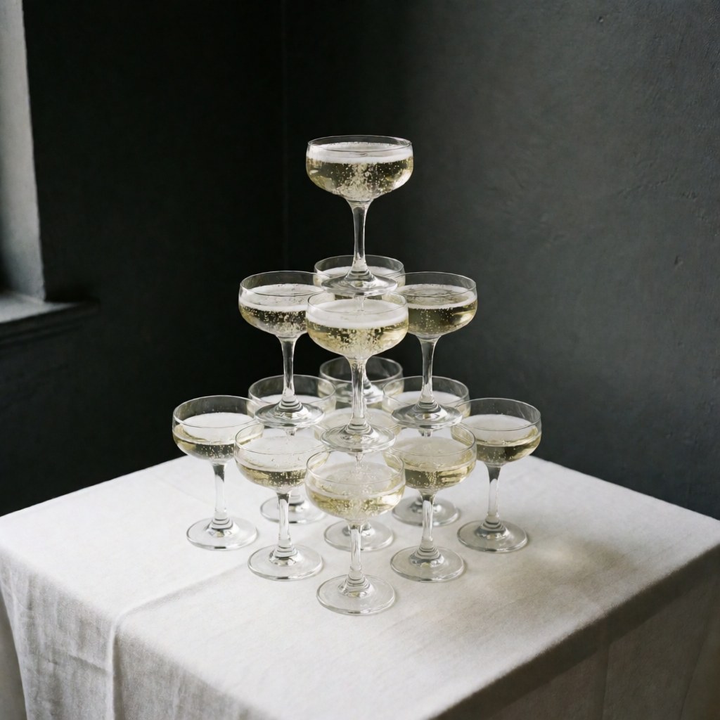 Pyramide de verres à champagne avec mousse, posée sur une table blanche nappée, fond noir, idéal pour événements et services traiteur élégants.