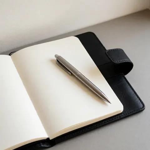 Un cahier et un stylo posés sur une surface, évoquant la planification et la productivité en entreprise.