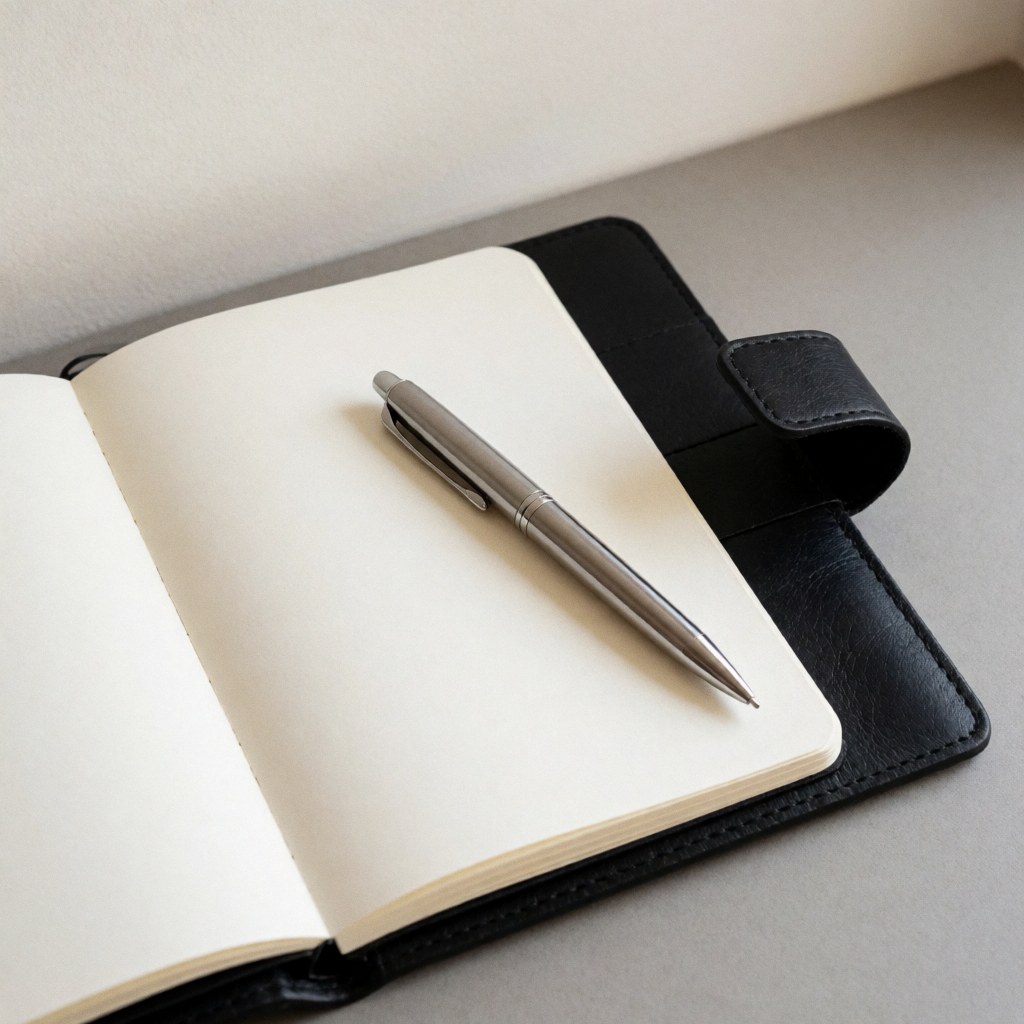 Un cahier et un stylo posés sur une surface, évoquant la planification et la productivité en entreprise.