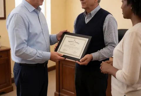 Un adulte reçoit un certificat encadré dans un bureau avec des meubles en bois et des murs beige. La scène est professionnelle et digne, impliquant trois personnes lors de la remise.