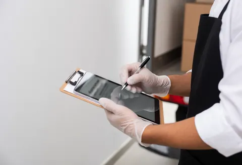 Des mains portant des gants en train de signer sur une tablette numérique lors d'une opération de livraison ou de confirmation de commande dans un contexte professionnel.