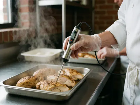 Vue rapprochée d'une main gantée vérifiant la température du poulet avec un thermomètre dans une cuisine industrielle.
