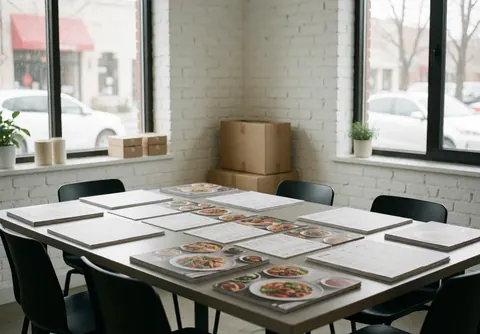 Espace de vente professionnel avec tables, menus, photos de plats, murs en briques blanches, grandes fenêtres et lumière naturelle.