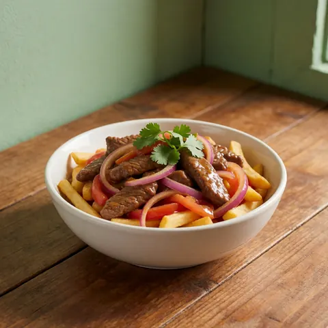 Assiette de lomo saltado avec frites, oignons et tomates, garnie de coriandre fraîche, présentée dans un bol sur une table en bois devant un mur vert.
