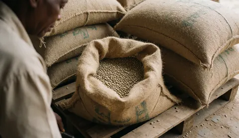 Sac de café vert ouvert posé sur une palette en bois, travailleur de dos dans un hangar, lumière naturelle et texture réaliste.