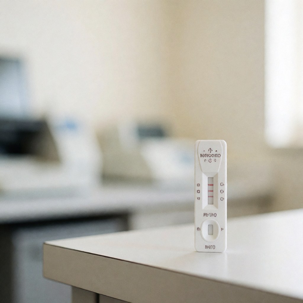 Test de grossesse rapide affichant un résultat positif avec deux lignes visibles, posé sur une surface blanche dans un contexte médical ou de laboratoire.
