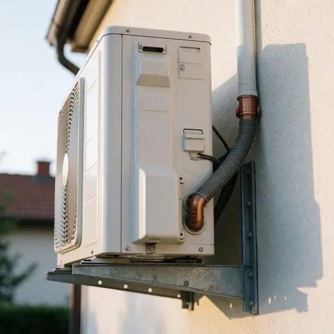 Vue rapprochée d'une unité de climatisation extérieure fixée sur un mur extérieur en stuc blanc avec des tuyaux en cuivre visibles.