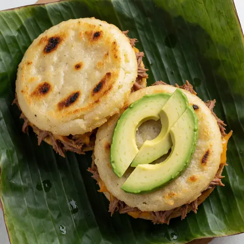 Arepas colombiennes et vénézuéliennes servies avec viande et avocat sur des feuilles de bananier, présentation appétissante pour le catering.