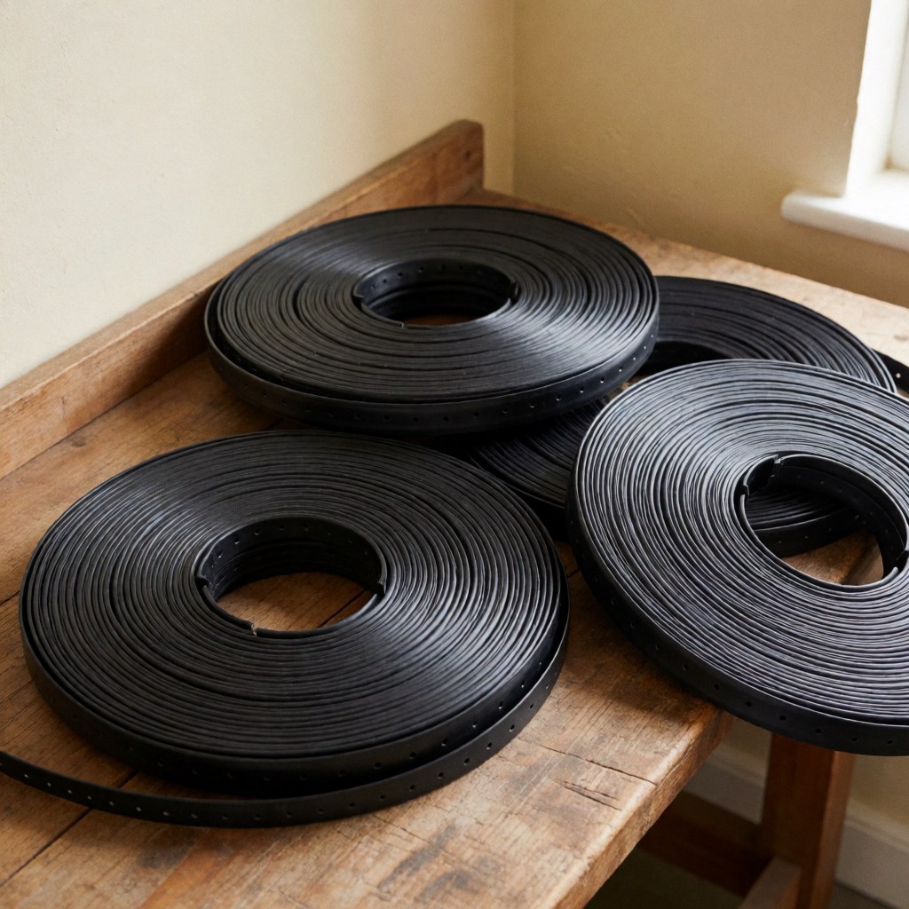 Plusieurs rouleaux de ruban d'irrigation goutte à goutte en plastique noir disposés sur une surface en bois rustique, éclairage naturel, fond beige clair.