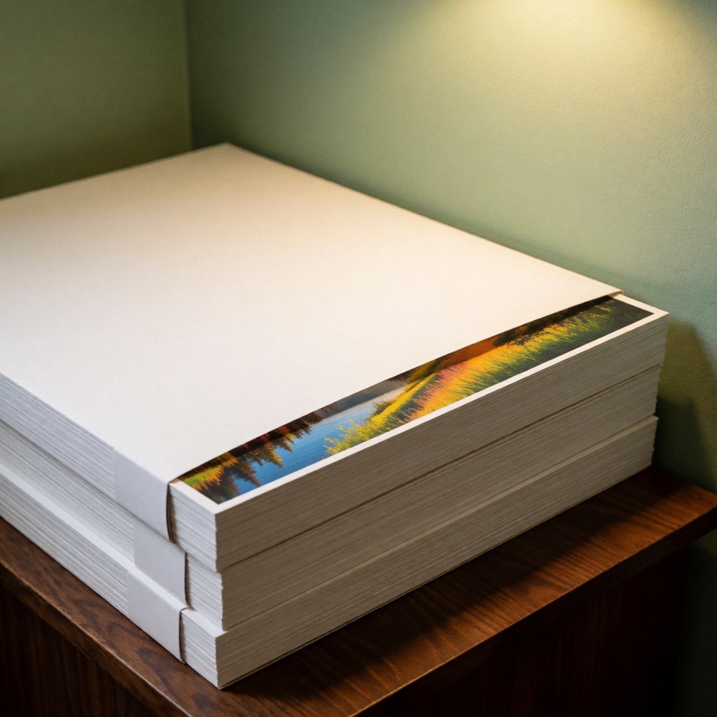 Une pile d'affiches enveloppées dans des housses blanches posée sur une table en bois, avec un mur vert en arrière-plan et une lumière chaude mettant en valeur le design.