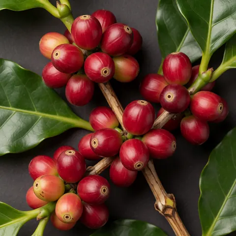 Des grains de café mûrs et brillants attachés à une branche entourée de feuilles vertes, présentés sur un fond sombre pour mettre en valeur le produit.