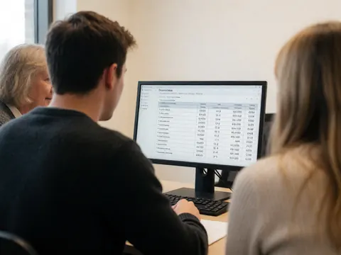 Un étudiant examine son relevé de notes sur un écran d'ordinateur en présence d'un conseiller universitaire, dans un bureau.