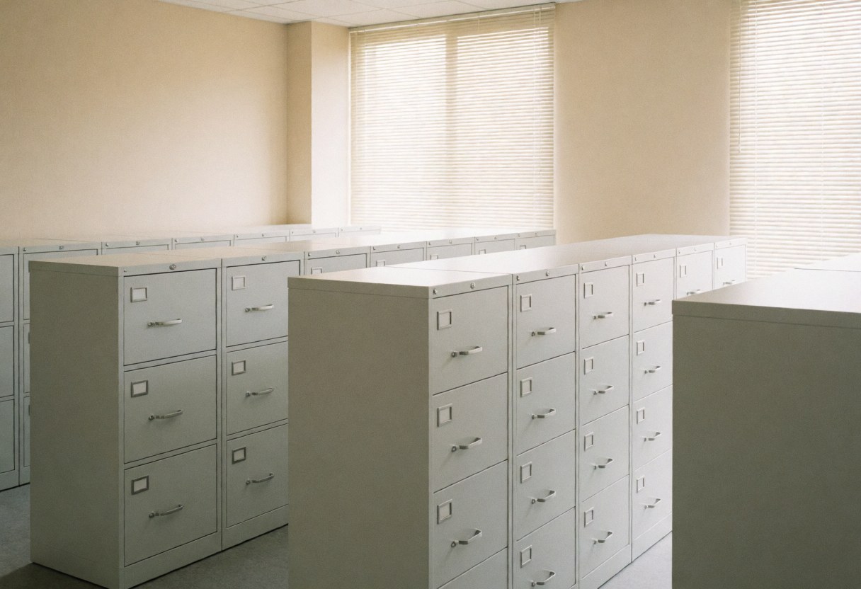 Bureau des ressources humaines vide avec des classeurs blancs, des murs beige et de la lumière naturelle. Idéal pour les entreprises qui cherchent de l'ordre et de la sécurité dans leurs archives.
