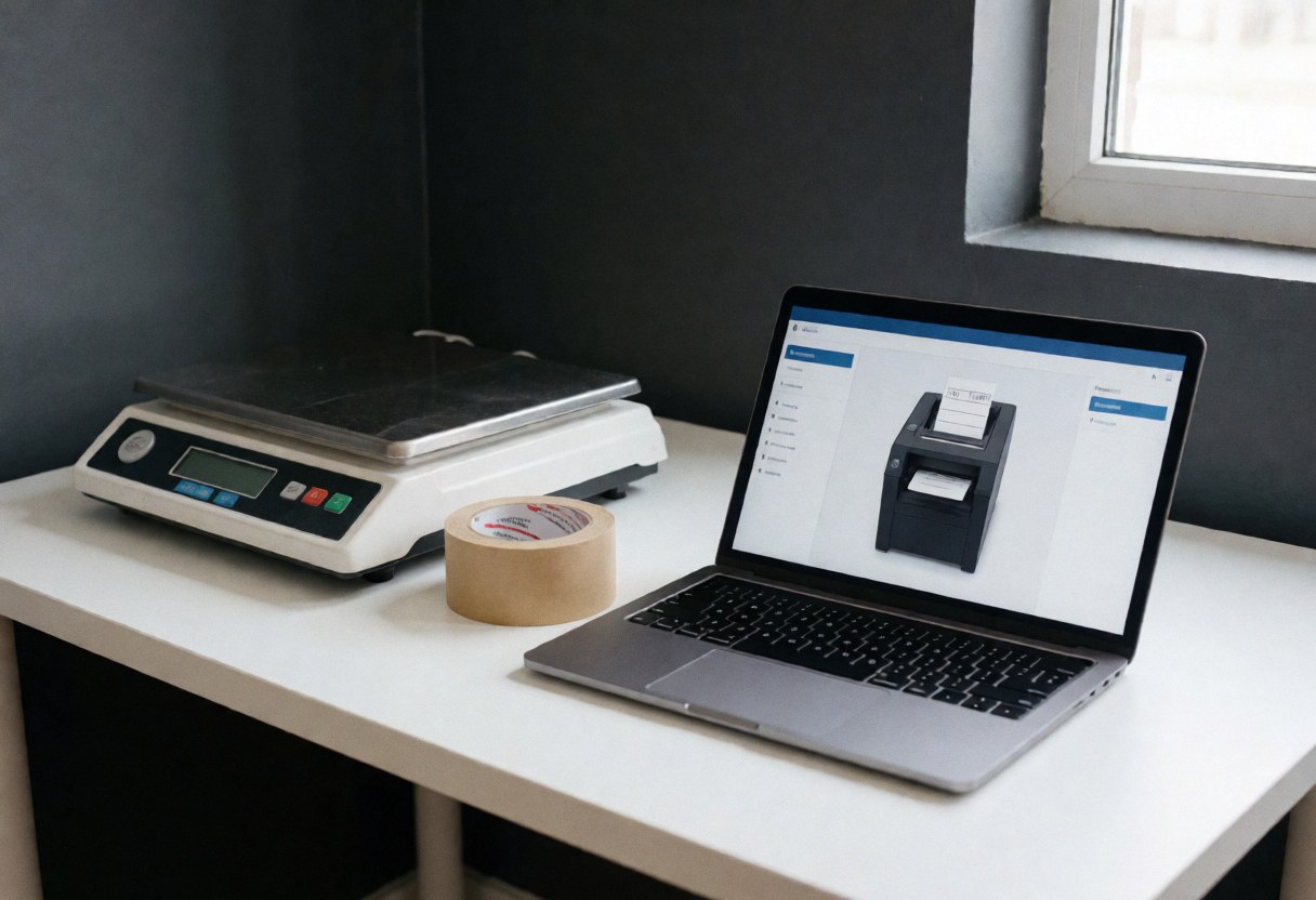 Escène d'emballage pour boutique en ligne montrant une balance, du ruban adhésif et un ordinateur portable connecté à une imprimante sur fond gris clair.