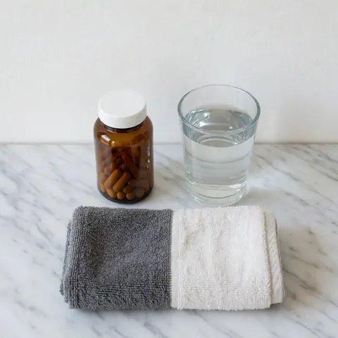Une bouteille de vitamines, un verre d'eau et une serviette pliée posés sur une surface en marbre blanc sous un éclairage naturel.