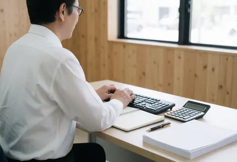Un homme adulte utilise un ordinateur dans un bureau professionnel. On voit une calculatrice, un cahier, des papiers, un meuble en bois et une fenêtre laissant entrer la lumière naturelle.
