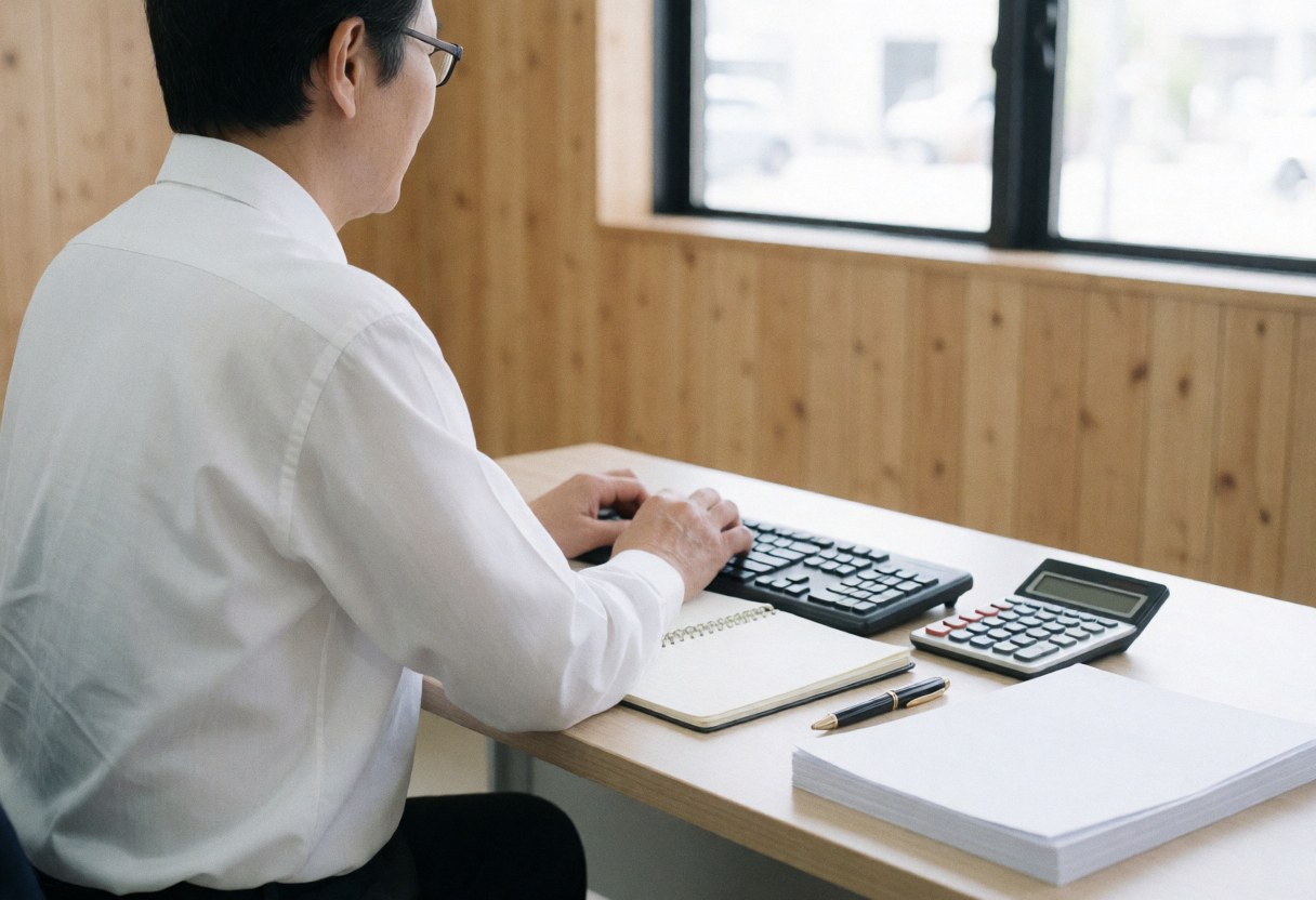Un homme adulte utilise un ordinateur dans un bureau professionnel. On voit une calculatrice, un cahier, des papiers, un meuble en bois et une fenêtre laissant entrer la lumière naturelle.