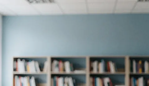 Vue d'une étagère contenant des livres disposés devant un mur bleu dans un bureau au fond flou, servant de arrière-plan professionnel.