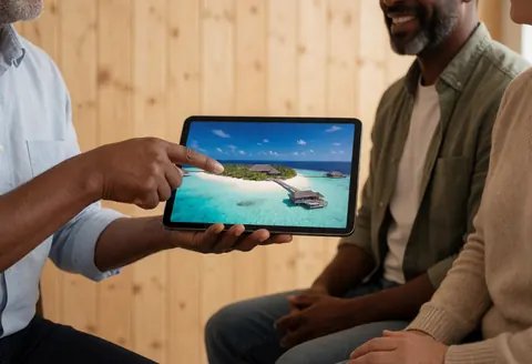 Un agent de voyages utilise une tablette pour planifier un séjour romantique à destination des Maldives avec un client.