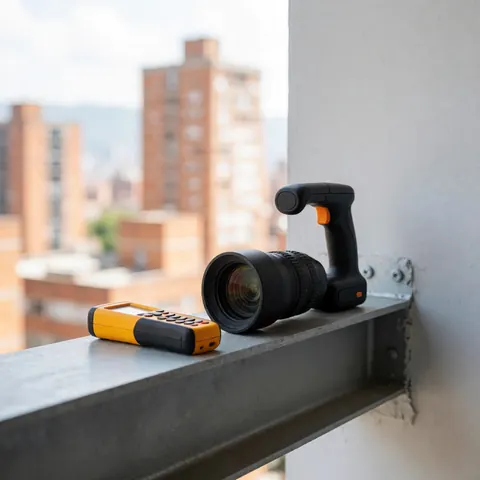 Caméra thermique et télémètre laser posés sur une poutre métallique dans une structure urbaine, utilisés pour des inspections d'intégrité structurelle.