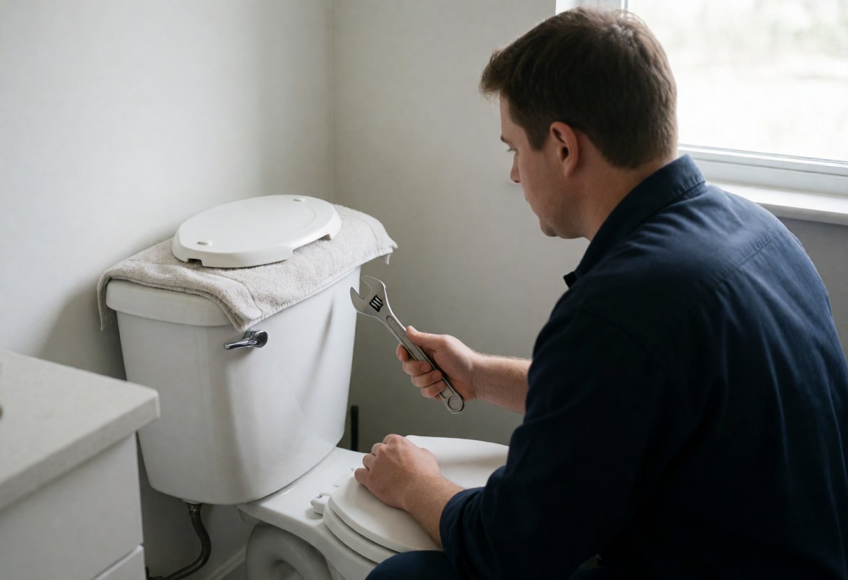 Un plombier effectue une installation ou une réparation professionnelle dans une salle de bain.