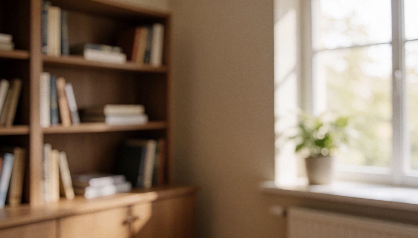 Espace de travail calme comprenant une étagère chargée de livres, une fenêtre laissant entrer la lumière naturelle et une plante verte, servant de fond idéal pour des contenus liés à la finance.