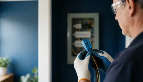 Électricien portant gants et lunettes de sécurité connectant un connecteur bleu à un câble sur un panneau électrique avec mur bleu et lumière naturelle.