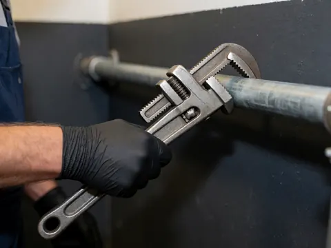 Gros plan d'une main gantée saisissant fermement une clé à tuyau métallique sur un fond sombre et neutre, mettant en évidence l'outil et la texture.