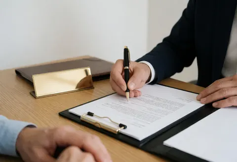 Un professionnel signe un contrat d'assurance avec un stylo noir sur une table en bois, accompagné d'une plaque dorée et d'un classeur en cuir.