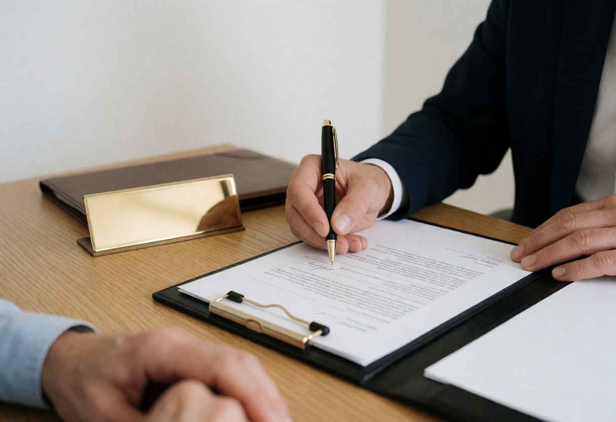 Un professionnel signe un contrat d'assurance avec un stylo noir sur une table en bois, accompagné d'une plaque dorée et d'un classeur en cuir.