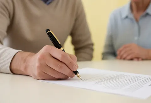 Une main tenant un stylo noir signe un document sur une table blanche avec un arrière-plan flou d'un bureau aux murs jaunes.