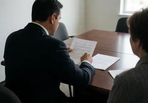 Un agent immobilier en bureau examine des documents avec un client sur une table en bois, sous une lumière naturelle dans un cadre professionnel sérieux.
