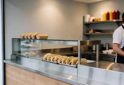 Vue rapprochée d'un comptoir de service en acier inoxydable propre et brillant, typique d'un établissement de restauration rapide.