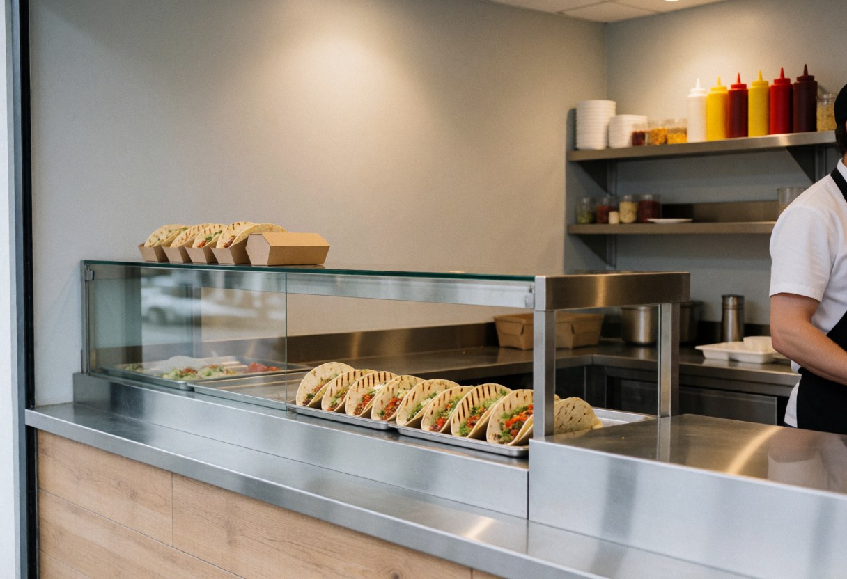 Vue rapprochée d'un comptoir de service en acier inoxydable propre et brillant, typique d'un établissement de restauration rapide.