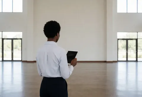 Une planificatrice d'événements tient une tablette et observe un vaste salon vide au sol poli et aux grandes fenêtres, idéal pour les mariages et les événements corporatifs.