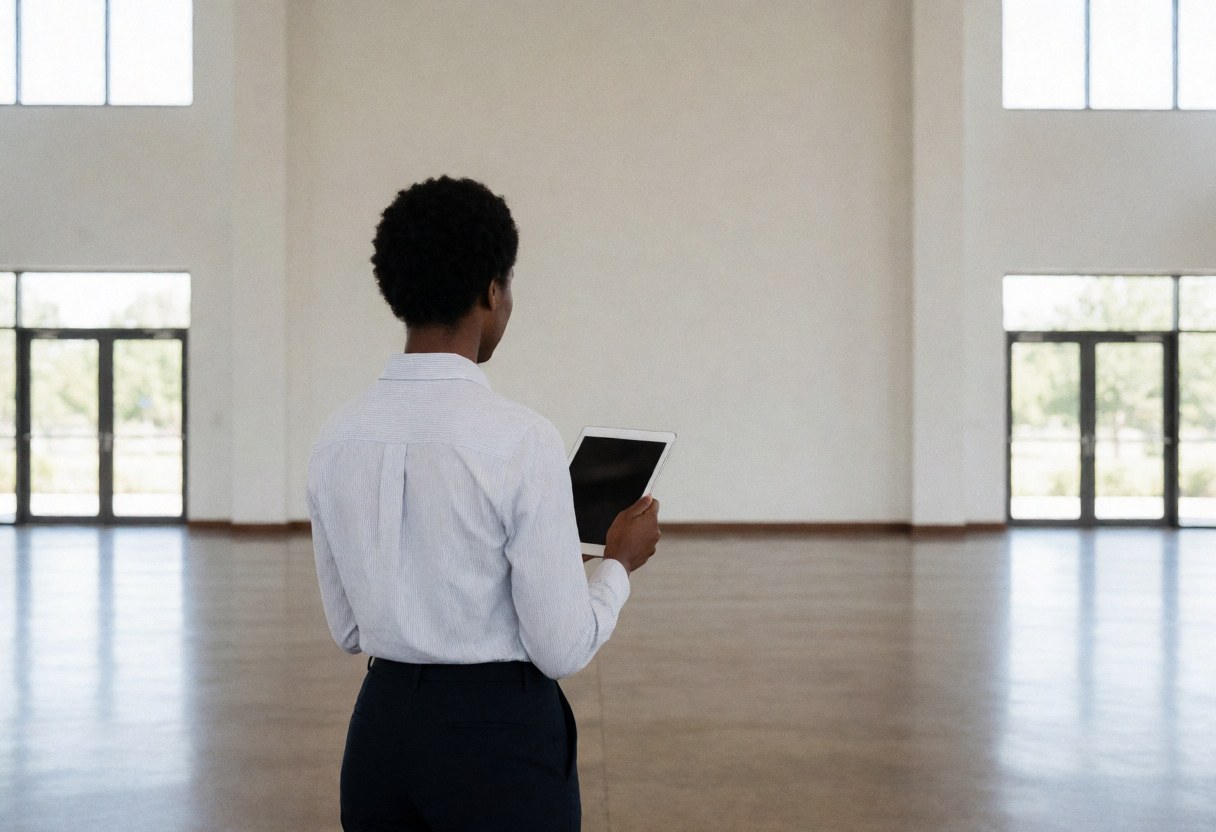 Une planificatrice d'événements tient une tablette et observe un vaste salon vide au sol poli et aux grandes fenêtres, idéal pour les mariages et les événements corporatifs.