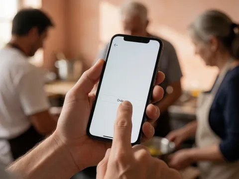 Une main saisit un smartphone affichant une application de commande au sein d'une cuisine éclairée par une lumière chaude, avec un arrière-plan flou montrant des personnes en activité.