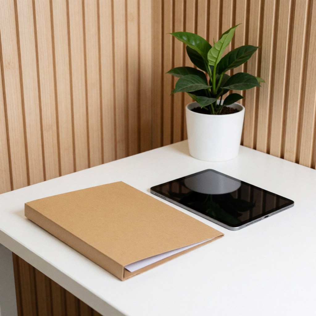 Un bureau blanc avec un classeur marron, une tablette numérique, une plante en pot sur fond de mur en bois pour un environnement professionnel.