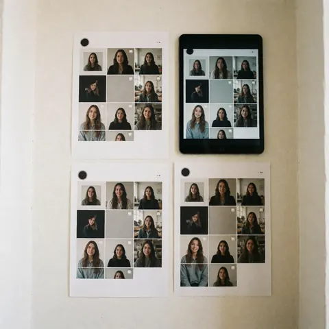 Tablette affichant des visuels de réseaux sociaux, documents imprimés, maquettes de profil et de couverture, éclairage naturel sur fond blanc, composition professionnelle et épurée.