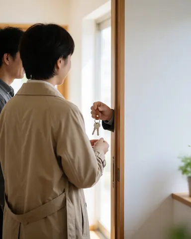 Une cliente en veste beige reçoit les clés d'un agent immobilier dans un couloir lumineux, scène professionnelle pour l'immobilier.