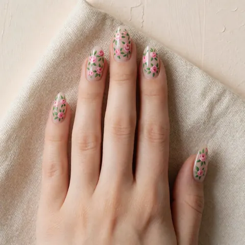 Mains aux ongles décorés de roses et de feuilles posées sur un tissu beige clair, éclairage naturel, idéal pour un salon de beauté ou une boutique de produits de manucure.