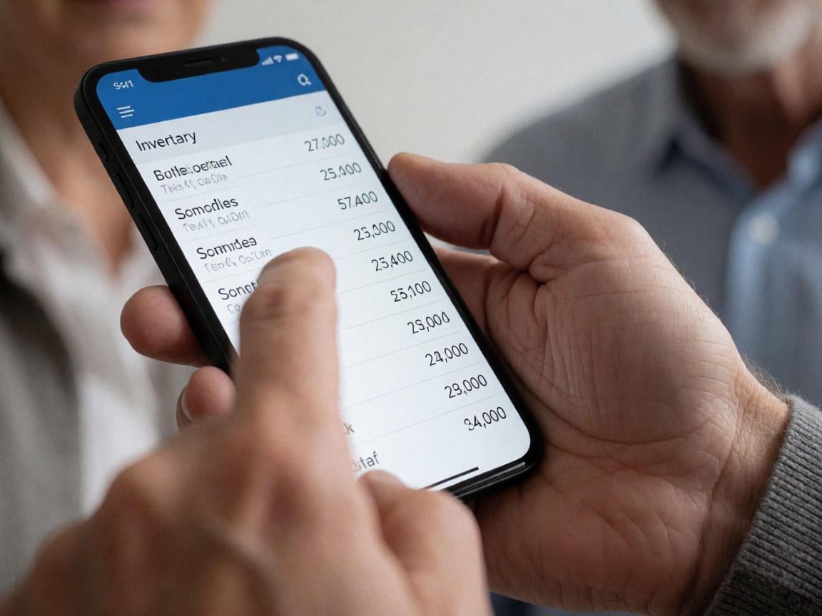 Mains tenant un smartphone affichant une liste d'inventaire détaillée, idéal pour les logiciels et startups, avec un fond flou et un écran clair.