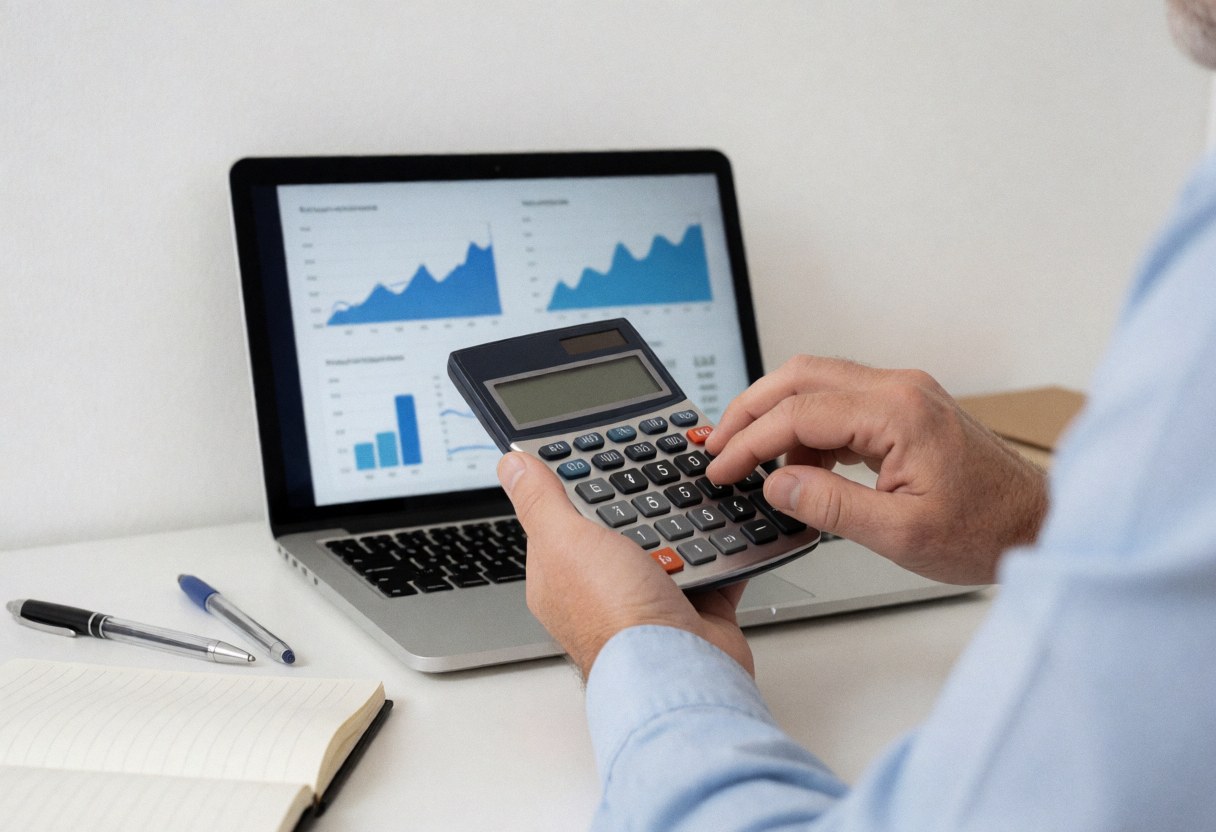 Un consultant examine des données financières sur une calculatrice tout en travaillant sur un ordinateur portable avec des graphiques, sur un bureau avec un carnet et des stylos.