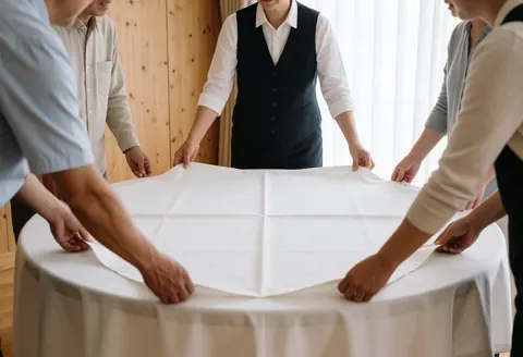 Des mains d'adultes règlent une nappe blanche sur une table ronde dans un salon avec des murs en bois et de la lumière naturelle, préparation pour événements et mariages.