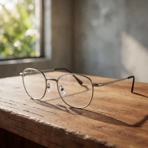 Des lunettes en titane léger posées sur du bois texturé, avec un mur de béton et du feuillage vert en arrière-plan flou.